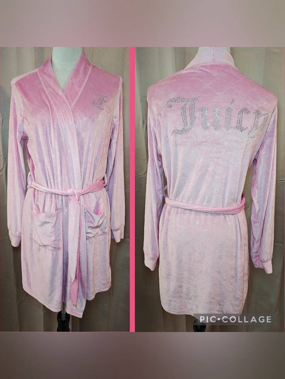 🍒🩷VTG. Y2K JUICY COUTURE PINK VELOUR MONOGRAM ROBE WITH RHINESTONE BLING🩷🍒